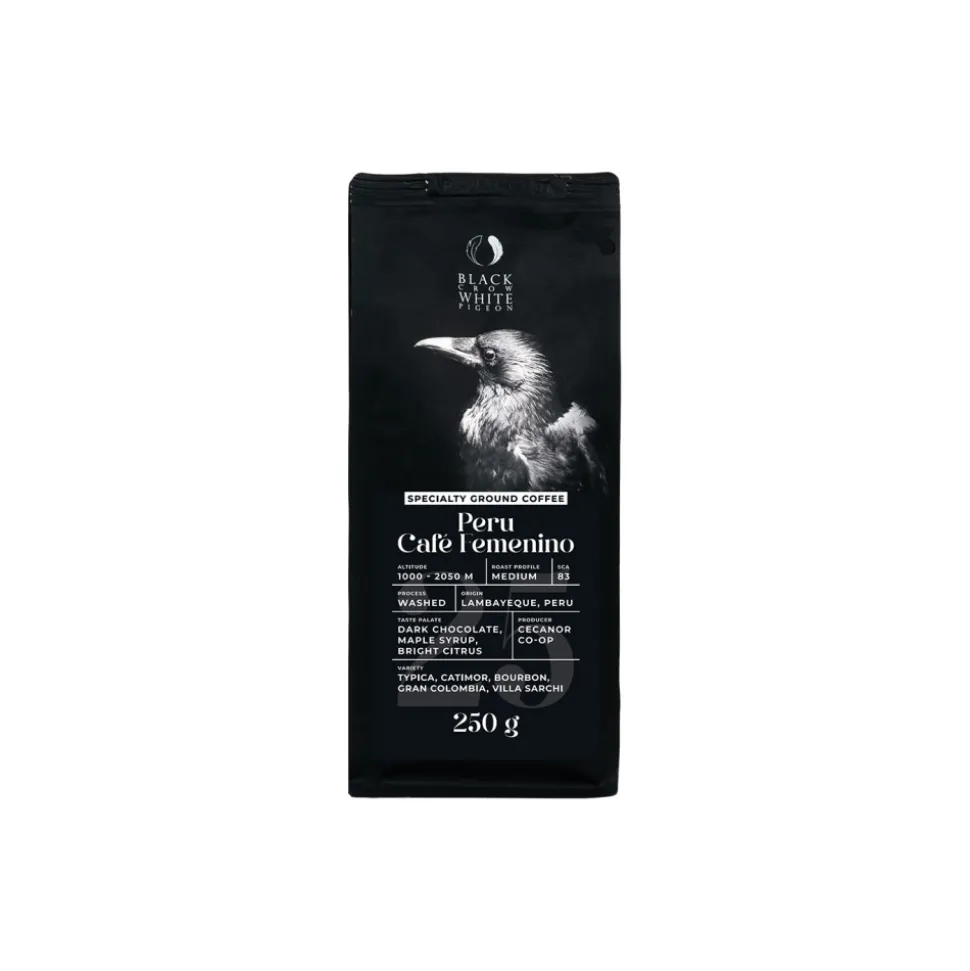 Jauhettu specialty-kahvi Black Crow White Pigeon Peru Cafe Femenino, 250 g