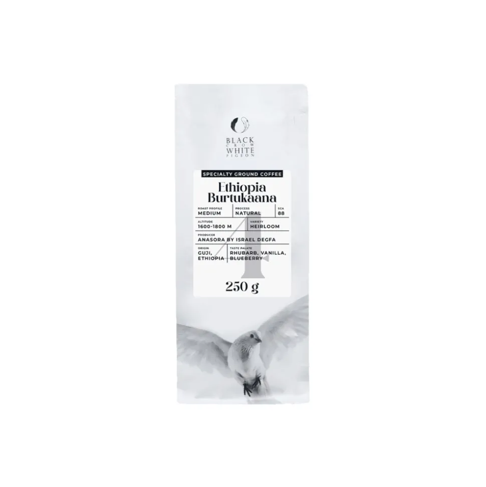 Jauhettu specialty-kahvi Black Crow White Pigeon Ethiopia Burtukaana, 250 g