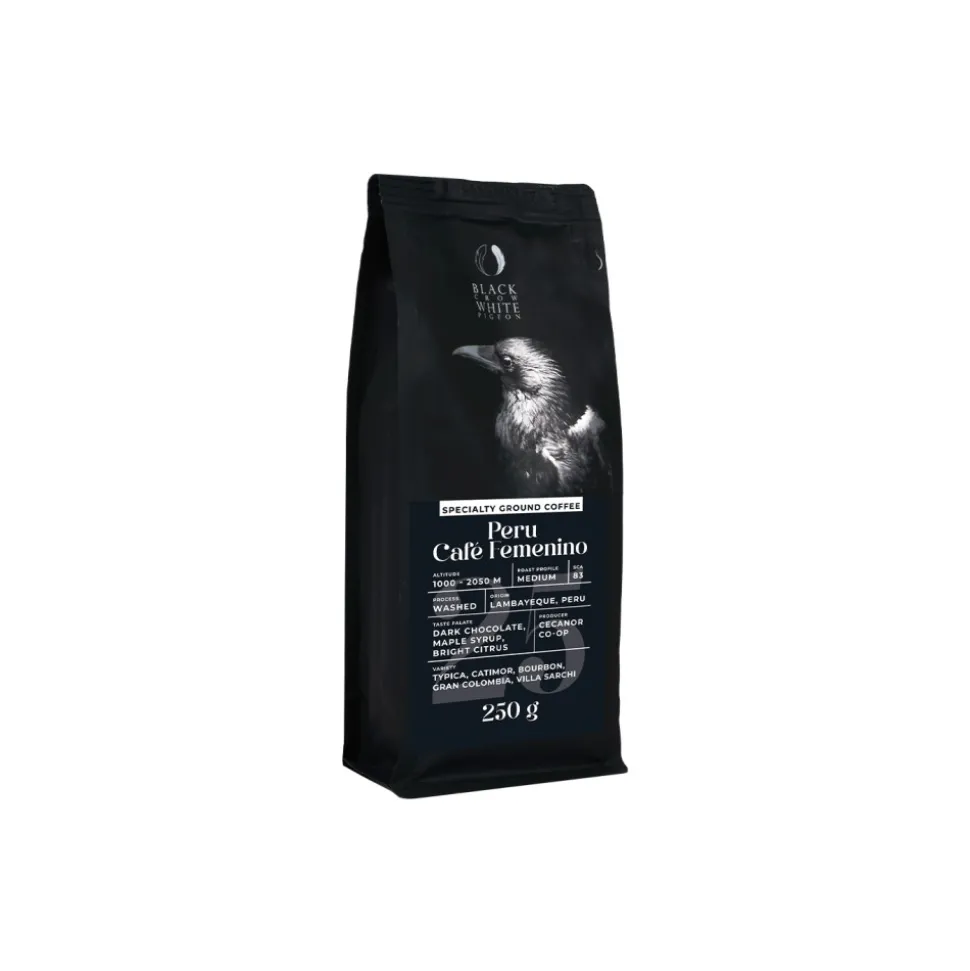 Jauhettu specialty-kahvi Black Crow White Pigeon Peru Cafe Femenino, 250 g