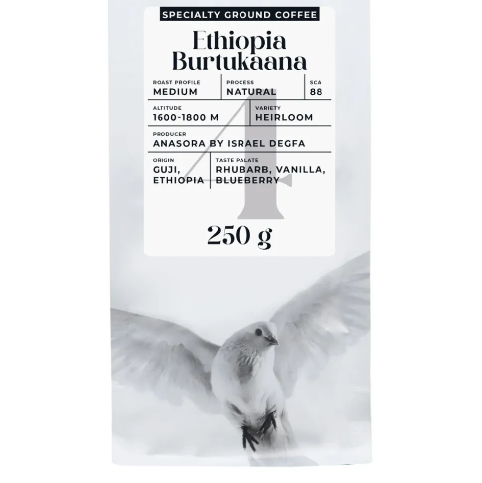 Jauhettu specialty-kahvi Black Crow White Pigeon Ethiopia Burtukaana, 250 g
