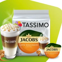 Kahvikapselit Tassimo Latte Macchiato Caramel (yhteensopiva Bosch Tassimo -kapselikeitinten kanssa), 8+8 kpl.