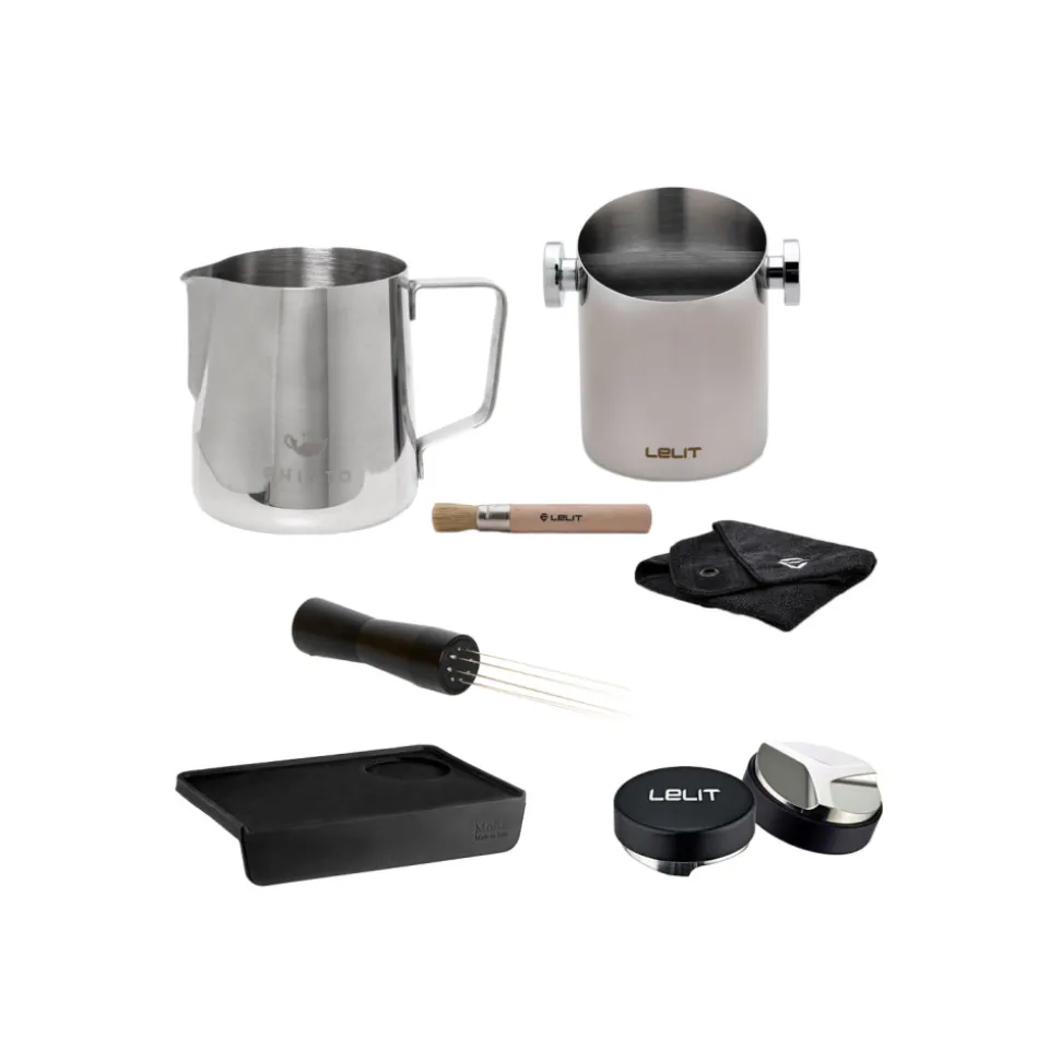 Maitokannu CHiATO, 350 ml + WDT-työkalu CHiATO + Tamppausmatto Motta + Porojentyhjennyslaatikko LELIT + Jauhetun kahvin tasoittaja Lelit PL121, 57 mm