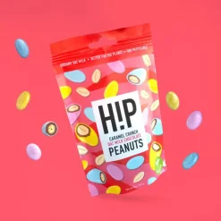 Rouskuvalla karamellilla ja kauramaitosuklaalla kuorrutetut maapähkinät H!P, 90 g